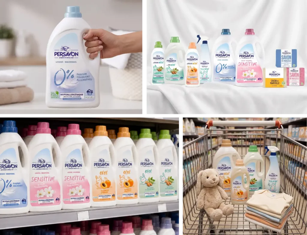 Gamme complète Persavon : lessive 0% hypoallergénique, gamme bébé, Sensitive et Savon de Marseille en rayon supermarché et dans un caddie avec doudou et vêtements bébé